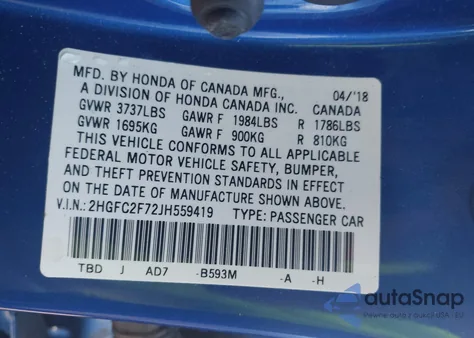 2018 Honda Civic Ex из США, поврежденный, VIN 2HGFC2F72JH559419